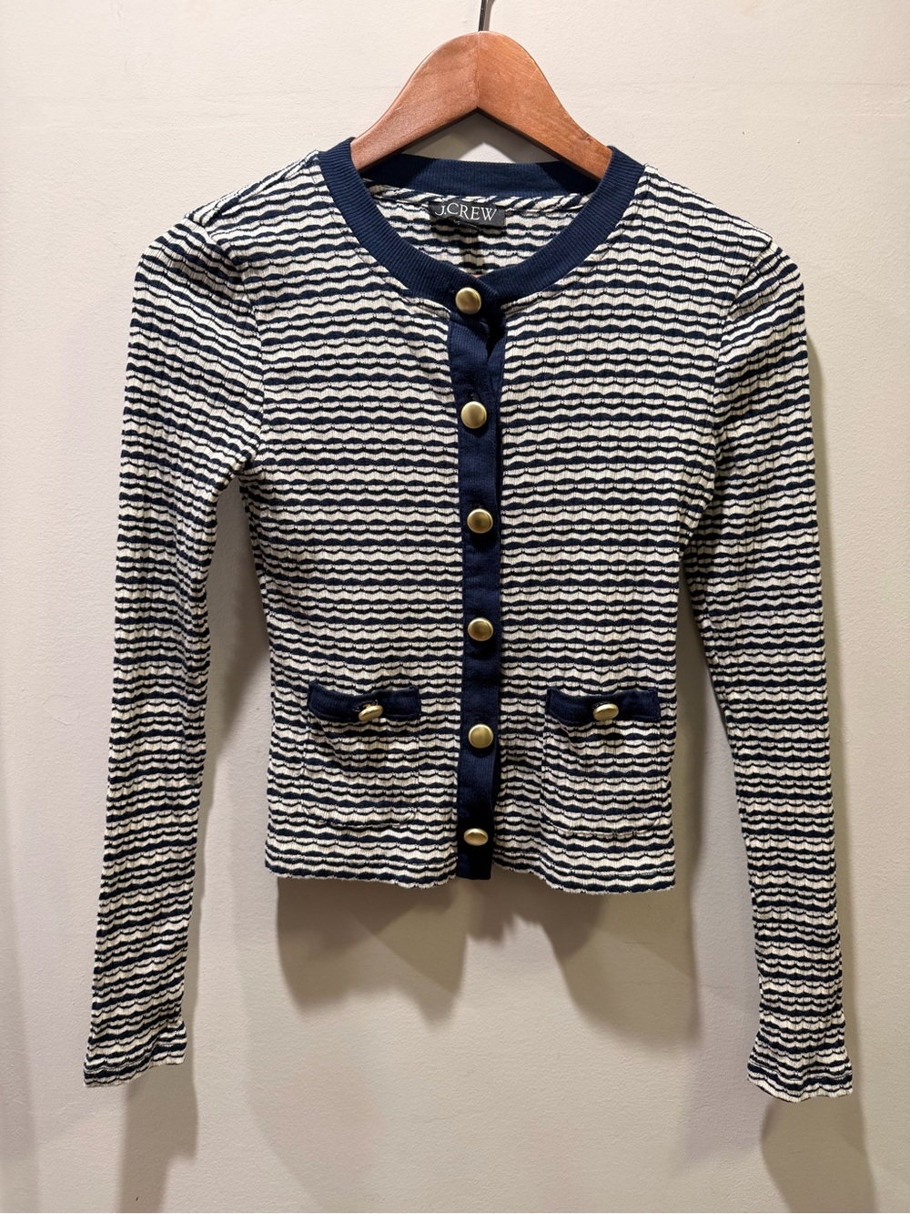 J.Crew Shrunken Jacquard Cardigan Navy Ivory XS